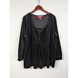 Black Velvet Long Sleeve Top/Blouse Henley Size 1X Whimsigoth Dark Romantic A094